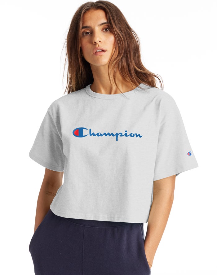 Champion Dame T-Shirts Grå - Heritage Cropped Script Logo - Danmark ZVN-372581